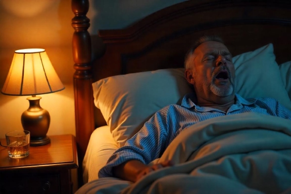 elder-sleep-apnea-patient-snoring-beside-alcohol-on-the-table